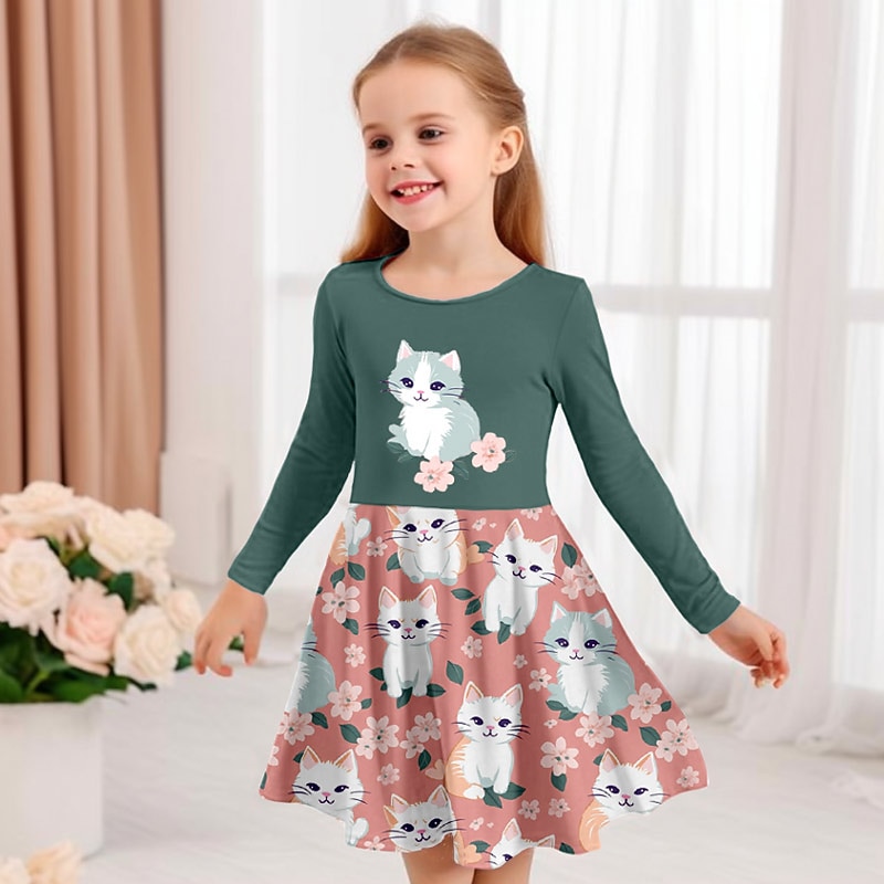 Girls' 3D Graphic Cartoon Cat Dress Long Sleeve 3D Print Summer Spring Fall Vacation Sports & Outdoor Daily Cute Casual Beautiful Kids 3-12 Years Casual Dress A Line Dress Above Knee Regular Fit4