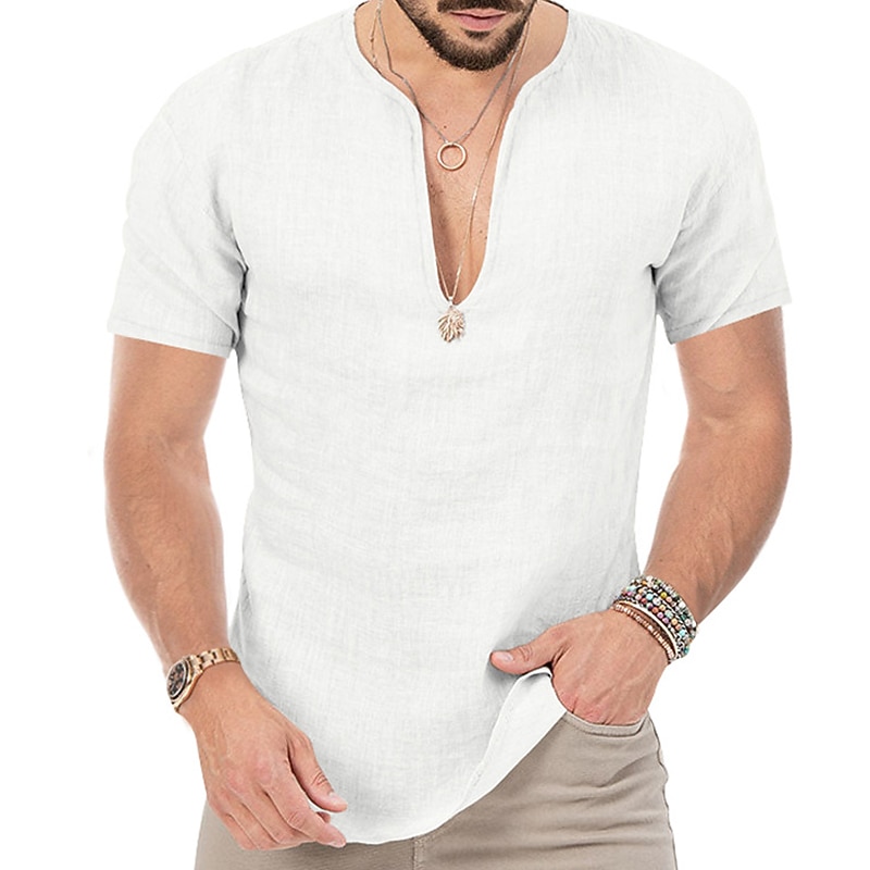 Men's Summer Shirt Casual Shirt Beach Shirt Plain Hawaiian Holiday Black White Blue Khaki Short Sleeve V Neck Spring & Summer Clothing Apparel Basic2