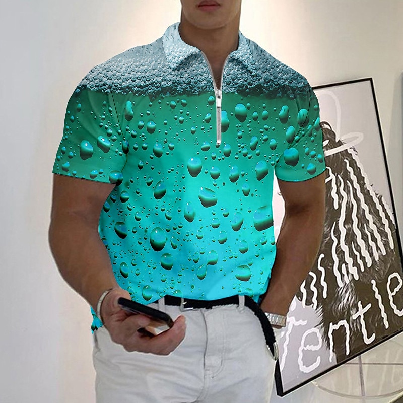 Oktoberfest Men's Polo Shirt Lapel Polo Zip Polo Golf Shirt Graphic Prints Beer Turndown Blue-Green Yellow Wine Blue Green Outdoor Street Short Sleeves Zipper Print Clothing Apparel Fashion Designer3