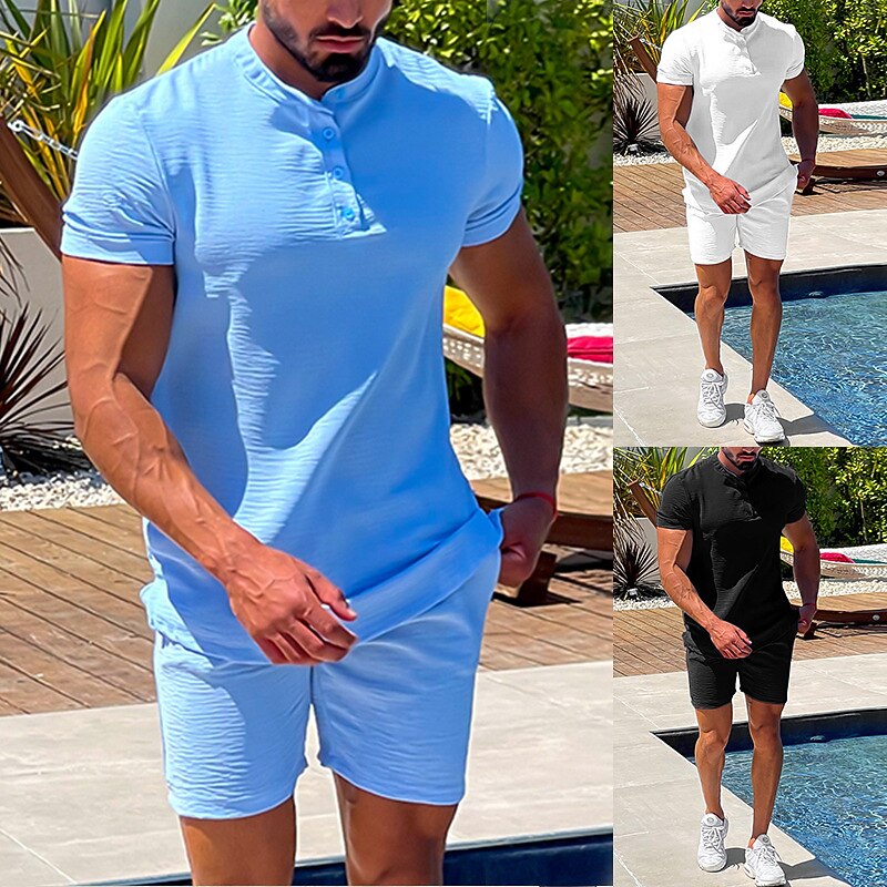 Men's 2 Piece Shirt Set Casual Shirt Summer Shirt Beach Shirt Black White Blue Short Sleeve Plain Henley Daily Vacation Clothing Apparel Fashion Casual Comfortable