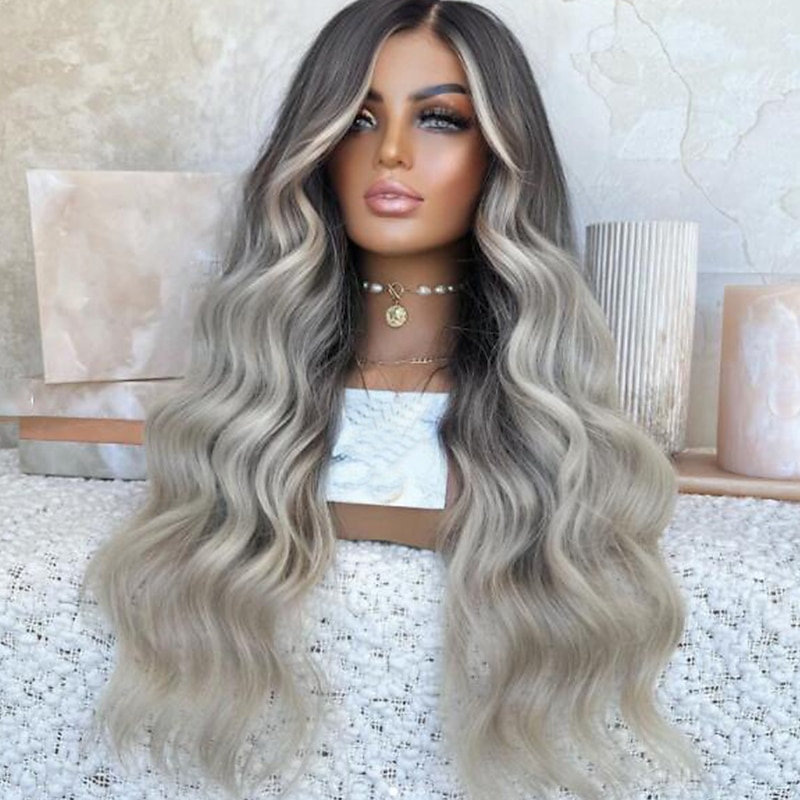Brazilian Virgin Human Hair 13x4 Lace Front Wig with Baby Hair Pre plucked 28inch Highlight Grey Human Hair Wig for Women2