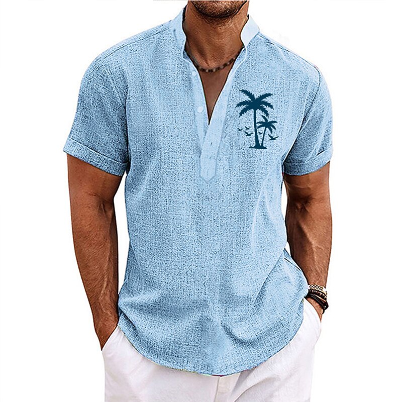 Men's Shirt Linen Shirt Beach Shirt Summer Hawaiian Shirt Coconut Tree Outdoor Vacation Royal Blue Blue Green Khaki Short Sleeve Stand Collar Summer Spring Clothing Apparel Print2