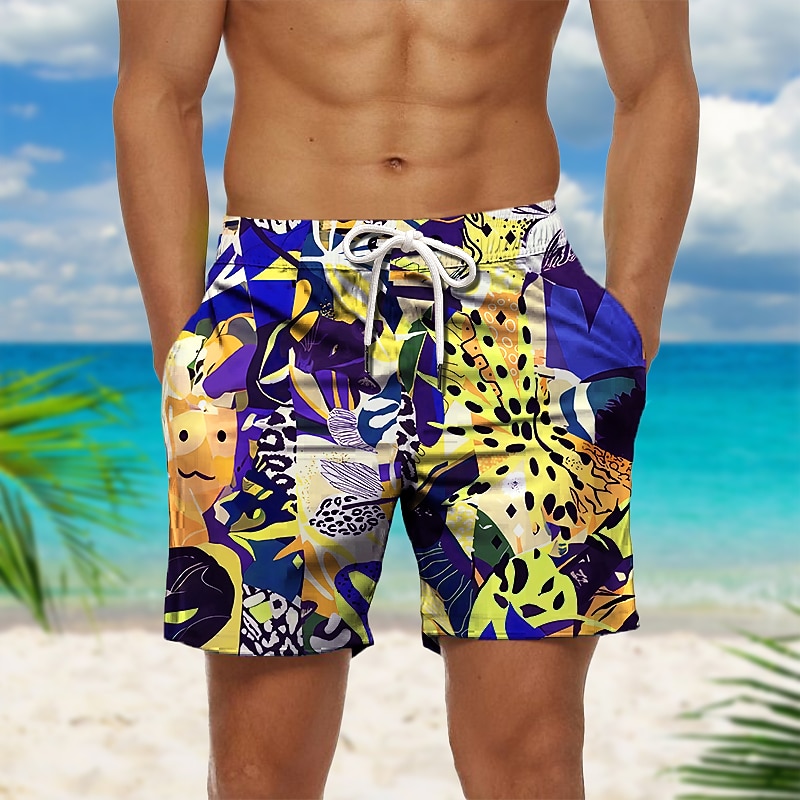 Men's Leaf Color Block Graphic Prints Swim Shorts Board Shorts Swimming Trunks Mid Waist Hawaiian Boho Casual Daily Holiday Drawstring with Mesh lining Elastic Waist Designer Clothing Apparel2