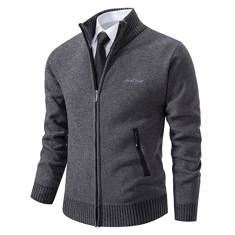 Men's Sweater Cardigan Sweater Ribbed Knit Regular Knitted Stand Collar Warm Ups Modern Contemporary Daily Wear Going out Clothing Apparel Fall & Winter Black Light Grey S M L