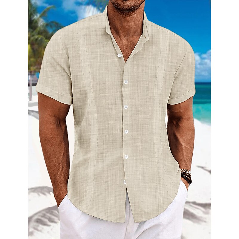 Men's Shirt Linen Shirt Guayabera Shirt Band Collar Shirt Summer Shirt Beach Wear Plain Vacation Curise Black White Blue Green Short Sleeve Collar Summer Clothing Apparel4