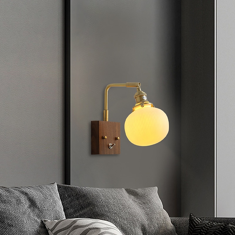 Lightinthebox Ceramic Wall Sconce Small Wall Lamp, Rustic Walnut Wood Wall Mount Light, Vintage Headboard Lamp, Indoor Lighting Fixture for Bedroom Living Room Dining Room Hallway 110-240V3