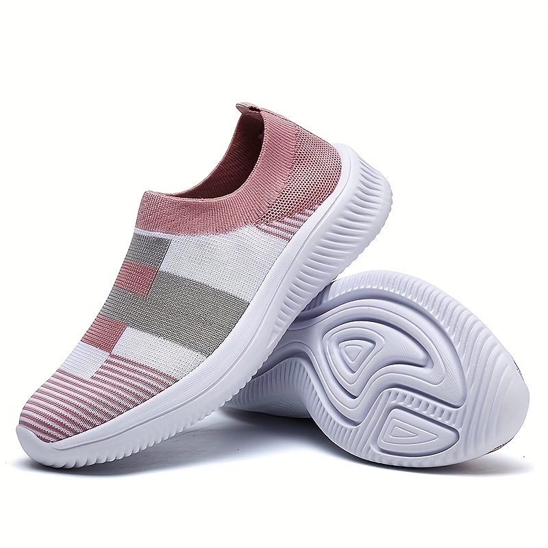Women's Casual Slip-On Breathable Pink and Gray Striped Sneakers - Comfortable Walking Shoes3