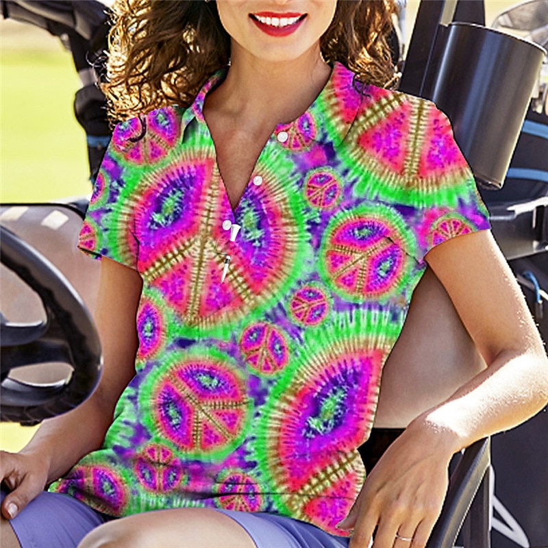 Women's Golf Polo Shirt Tie Dye Pink Short Sleeve Sun Protection UPF50 Top for Ladies Golf Attire4