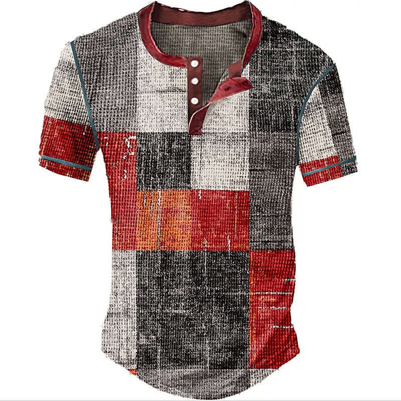 Men's Graphic Plaid Color Block Waffle Henley Shirt Short Sleeve 3D Print Vintage Fashion Designer Outdoor Daily Summer White Red Blue Orange Khaki Henley Henley T-Shirt3