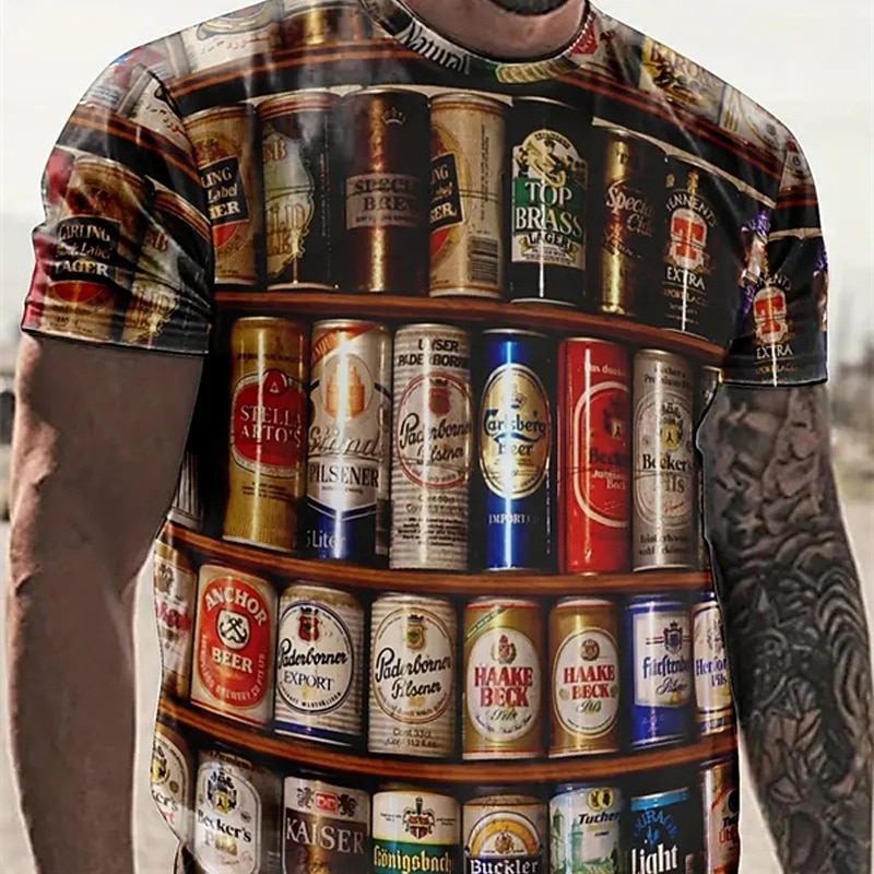 Men's Graphic Beer T Shirt Short Sleeve T shirt 3D Print Crew Neck Shirt Vintage Fashion Designer Outdoor Daily Sports Black Brown Spring & Summer Clothing Apparel S M L XL 2XL 3XL