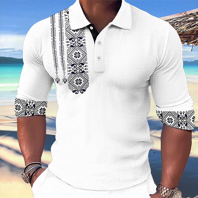 Men's Tribal Hawaiian Polo Shirts Golf Shirt Long Sleeve Polo Shirts Collared Shirts Vintage Casual Beach Wear Vacation Wear Tropical Wear Party Outfits 3D Print Buttons Blue-Green White Blue