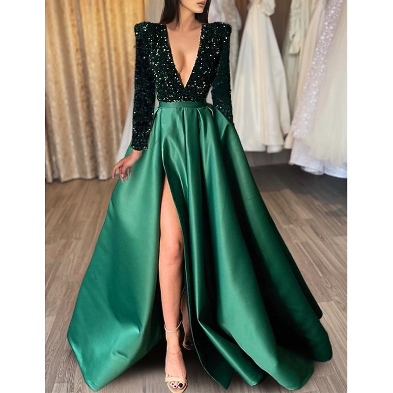 A-Line Evening Gown Sparkle & Shine Dress Formal Wedding Court Train Half Sleeve V Neck Satin with Sequin Slit Masquerade Dress3