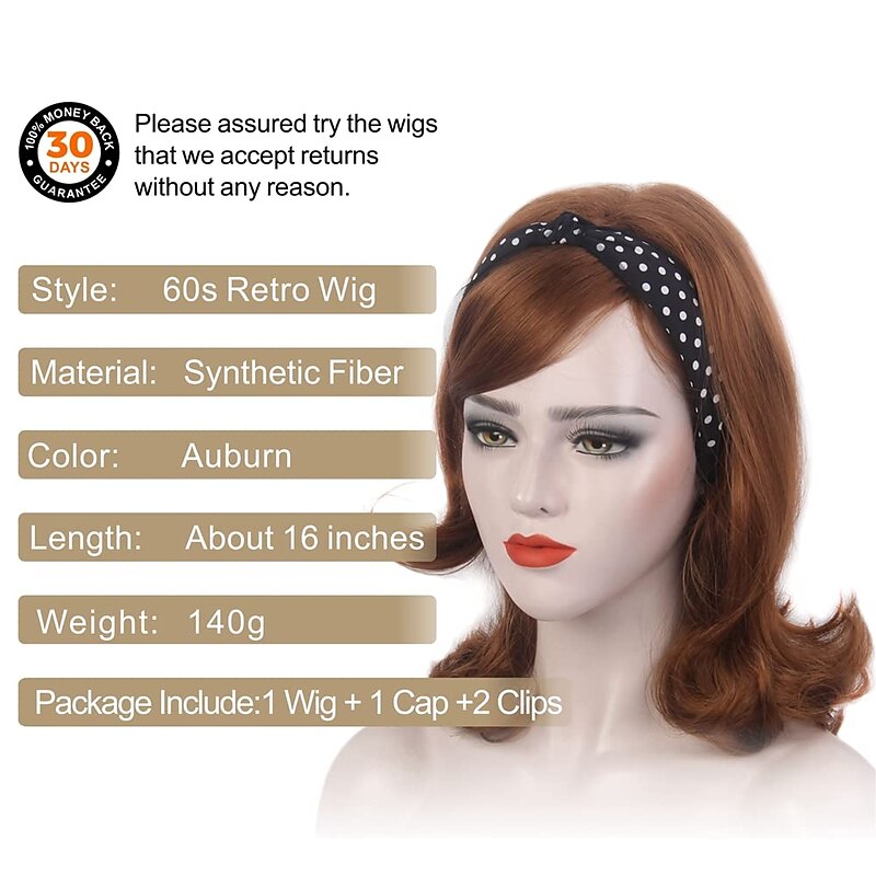 Red Long 60s Wigs for Women Natural Synthetic Hair Wig Auburn 50s 60s 70s Cosplay Daily Work Costume Party Halloween Wigs2