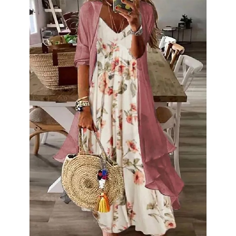 Women's Dress Set Casual Dress Print Dress Fashion Casual Floral Print Long Dress Maxi Dress 3/4 Length Sleeve V Neck Outdoor Vacation Pink Blue Sky Blue Summer Spring Regular Fit2