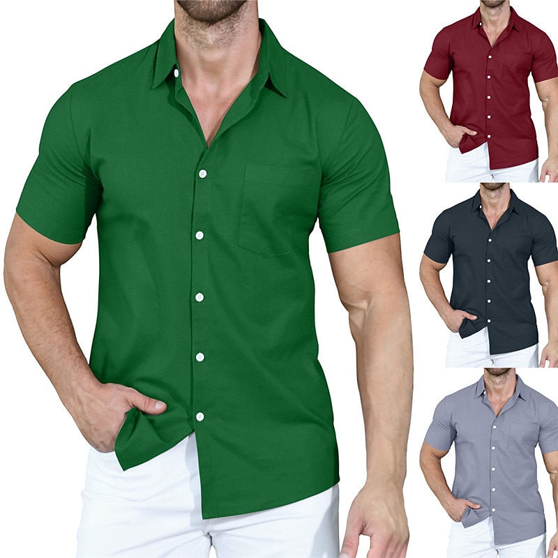 Men's Shirt Summer Shirt Casual Shirt Button Up Shirt White Pink Wine Navy Blue Camel Short Sleeve Plain Lapel Vacation Daily Front Pocket Clothing Apparel Polyester Fashion Casual Comfortable