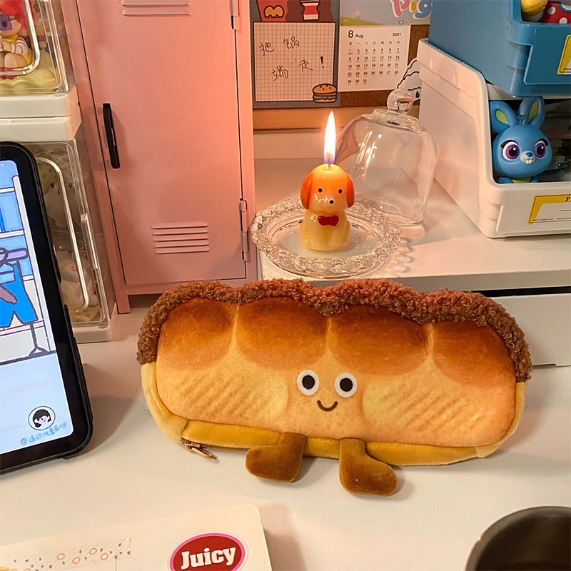 Bread Toast Pencil Case Bag for Girls Cute Plush Pen Pouch Box Large Capacity Student School Supplies2