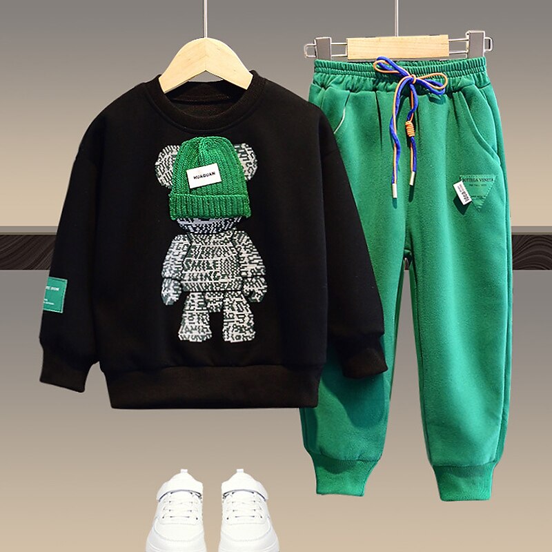 2 Pieces Kids Boys Hoodie & Sweatpants Set Clothing Set Outfit Bear Letter Long Sleeve Pocket Set Outdoor Fashion Cool Daily Spring Fall 7-13 Years Black White Army Green3