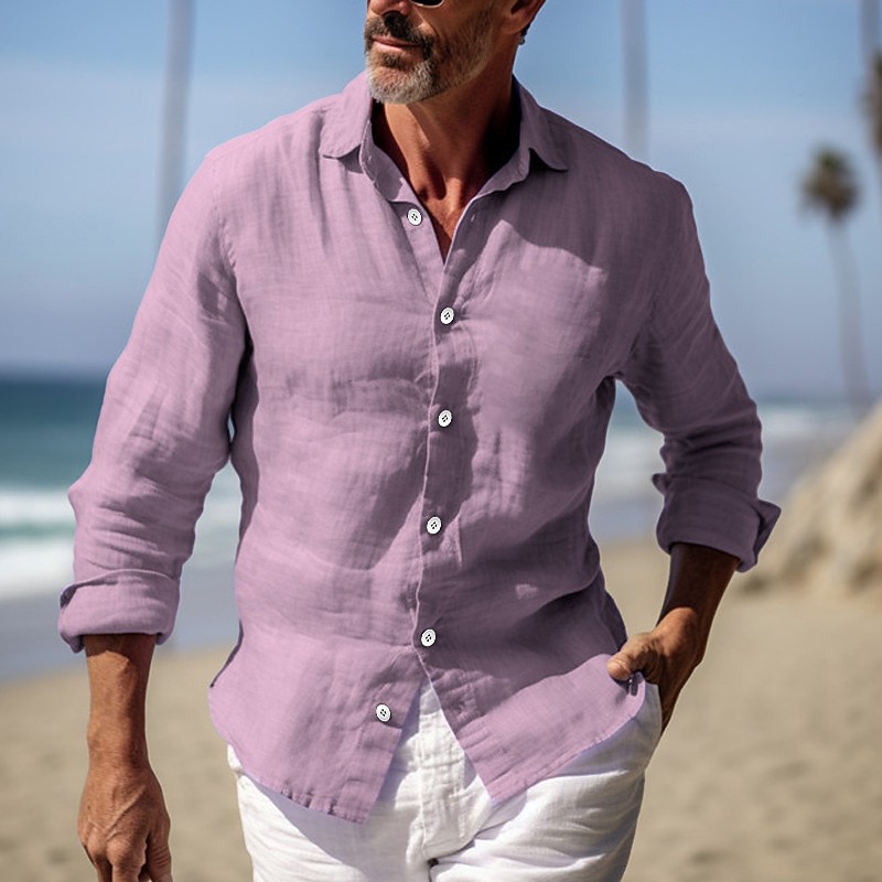 Men's Shirt Linen Shirt Summer Shirt Beach Wear Button Up Shirt Plain Vacation Curise Yellow Navy Blue Long Sleeve Turndown Spring & Summer Clothing Apparel3