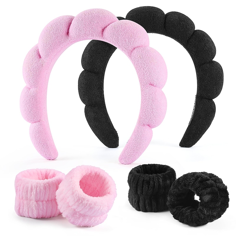 3PCS Headband Face Wash Wristband and Headband Set – Terry Cloth Skincare Bubble Headbands for Washing Face and Hands- Make up Headband and Wristband Set for Women and Girls