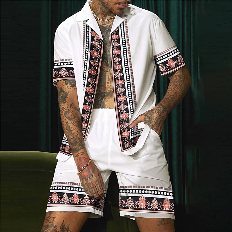 Men's Floral Print Totem Ethnic 2pcs Shirts Sets Summer Hawaiian Shirt Short Sleeve Short Pants Cuban Collar Fashion Streetwear Hawaiian Outdoor Street Daily Print Summer Spring White