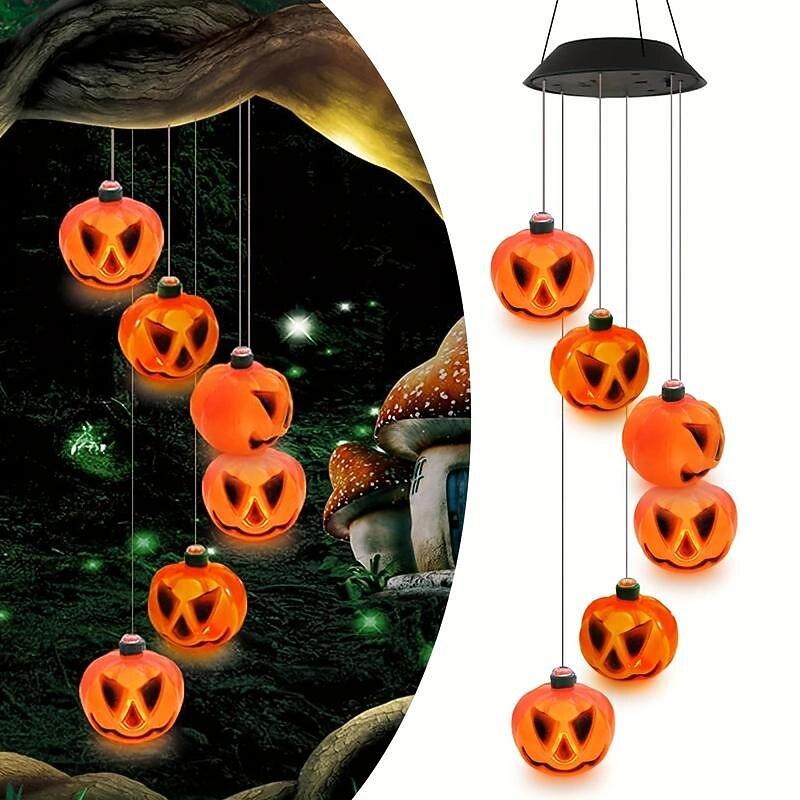 Halloween Lights Solar Wind Chimes Color Changing Jack O Lantern Outdoor Halloween Decorations With 6 Pumpkin Lights, Waterproof Thanksgiving Fall Decor for Tree Door Window Party Yard Decoration
