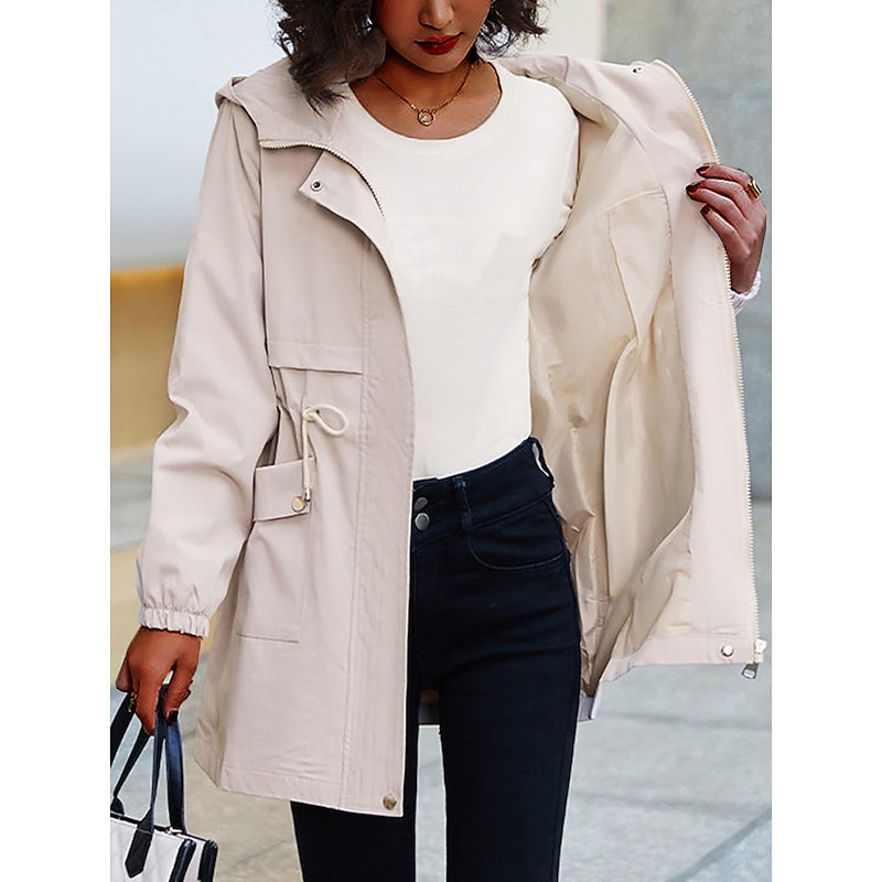 Women's Trench Coat Fall Outdoor Zipper Plain Breathable Streetwear Regular Fit Outerwear Long Sleeve Black M2