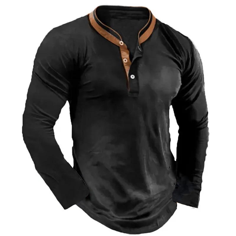 Men's Button T Shirt Henley Shirt Tee Top Long Sleeve Henley Summer Color Block Fashion Designer Basic Patchwork Vacation Street Going out Black White Navy Blue Top Tee for Men