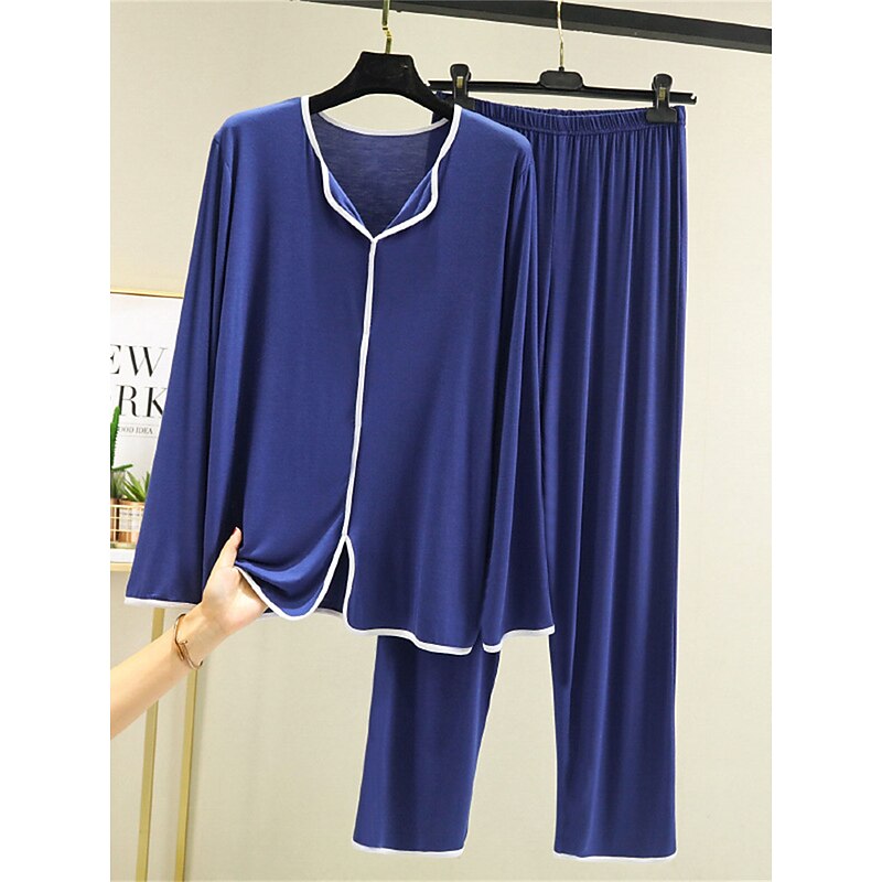 Women's Pajamas Pajama Top and Pant Sets 2 Pieces Pure Color Fashion Casual Soft Home Daily Bed Modal Breathable Lapel Long Sleeve Pant Summer Spring Home Outfits2