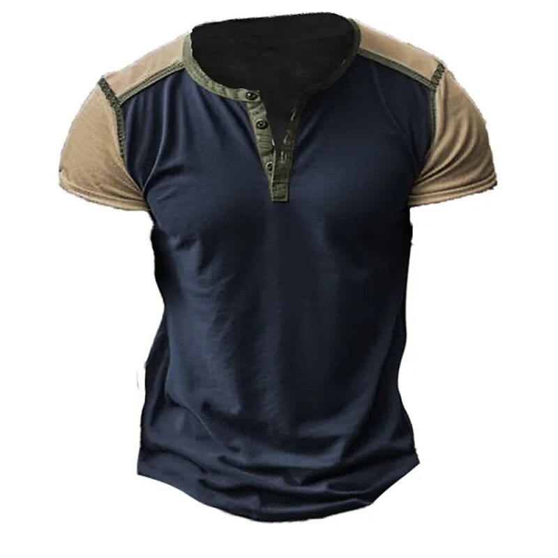 Men's Button T Shirt T Shirt Tee Top Short Sleeves Crew Neck Summer Color Block Fashion Designer Basic Patchwork Vacation Street Going out Navy Blue Top Tee for Men2