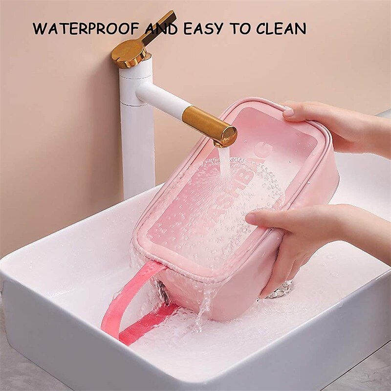 Pink Transparent Travel Wash Bag - Waterproof Makeup Organizer with Handle, Ideal for Toiletries and Cosmetic Storage4