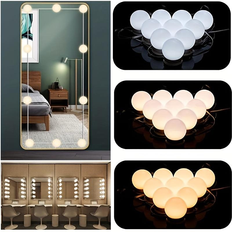 10 Bulbs 3 Colours LED Make Up Mirror Light Bulbs USB Vanity Makeup Mirror Lights Bathroom Dressing Table Lighting Dimmable LED Wall Lamp