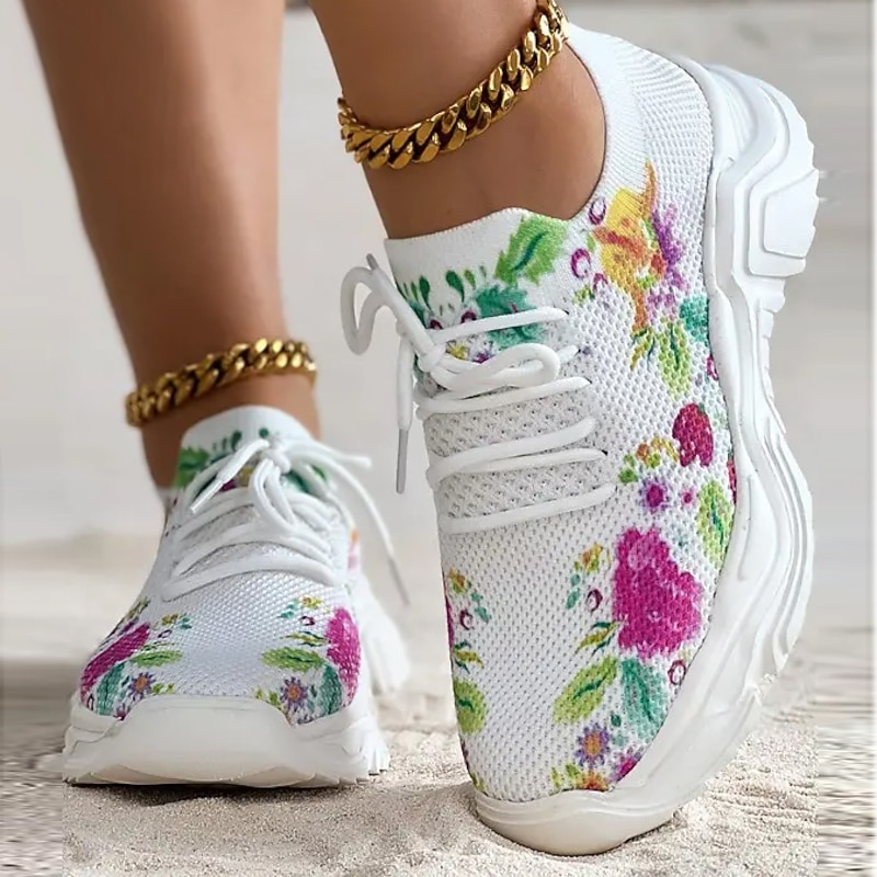 Women's Floral Print Breathable Knit Sneakers – Lightweight Lace-Up Athletic Shoes for Casual Wear2