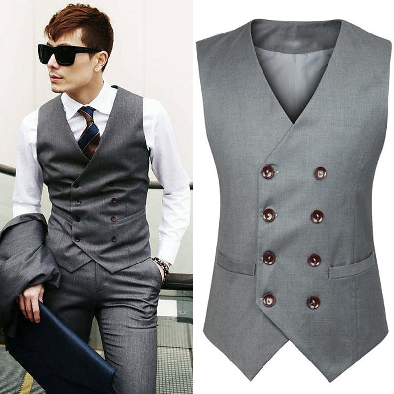Men's Waistcoat Daily Wear Vacation Going out Fashion Basic Spring &  Fall Button Polyester Comfortable Plain Single Breasted V Neck Regular Fit Dark-Gray Black Light Grey Vest