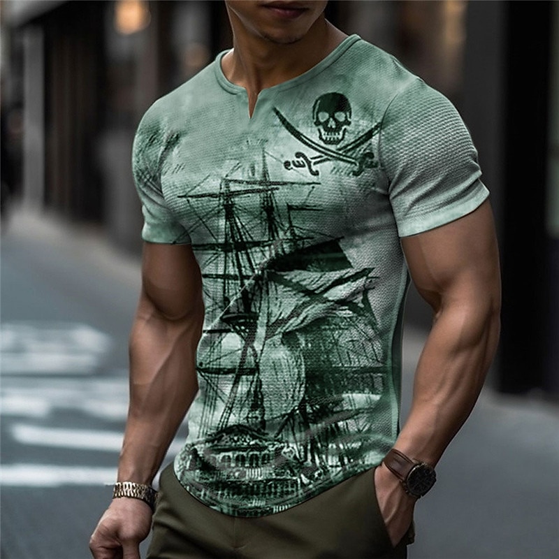Men's Graphic Haunted Pirate Ship Nautical Pirate Skulls Waffle T Shirt Short Sleeve T shirt 3D Print V Neck Shirt Fashion Designer Basic Outdoor Daily Sports Blue Green Khaki Summer Clothing Apparel2