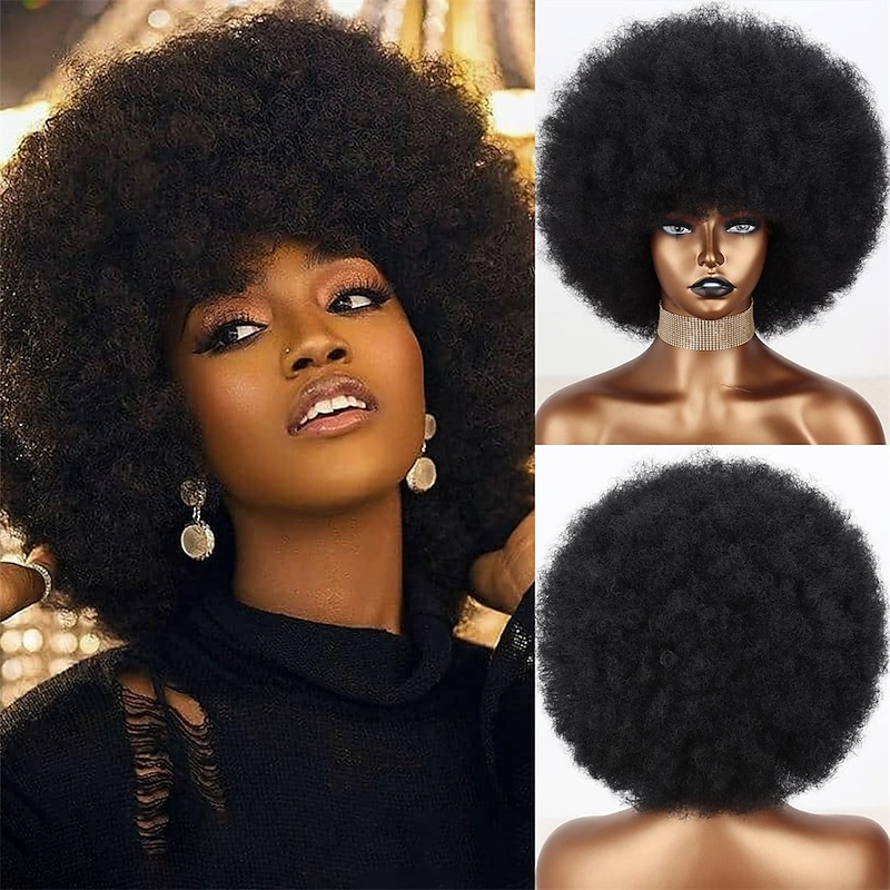 Short 70s Afro Wigs for Black Women Large Synthetic Black Short Afro Wig 70's 8 Inches 60s Afro Wig for Women Bouncy and Soft Natural Looking Halloween Cosplay Party Wigs