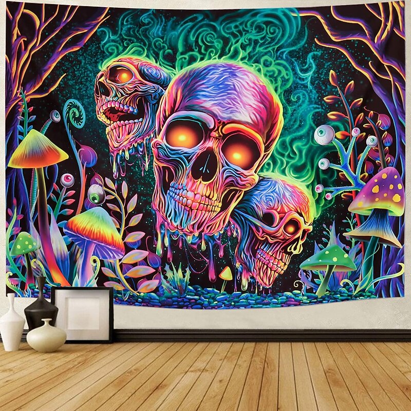 Halloween Skull Skeleton Blacklight Tapestry UV Reactive Trippy Misty Mushroom Hanging Tapestry Wall Art Mural for Living Room Bedroom  Decorations3
