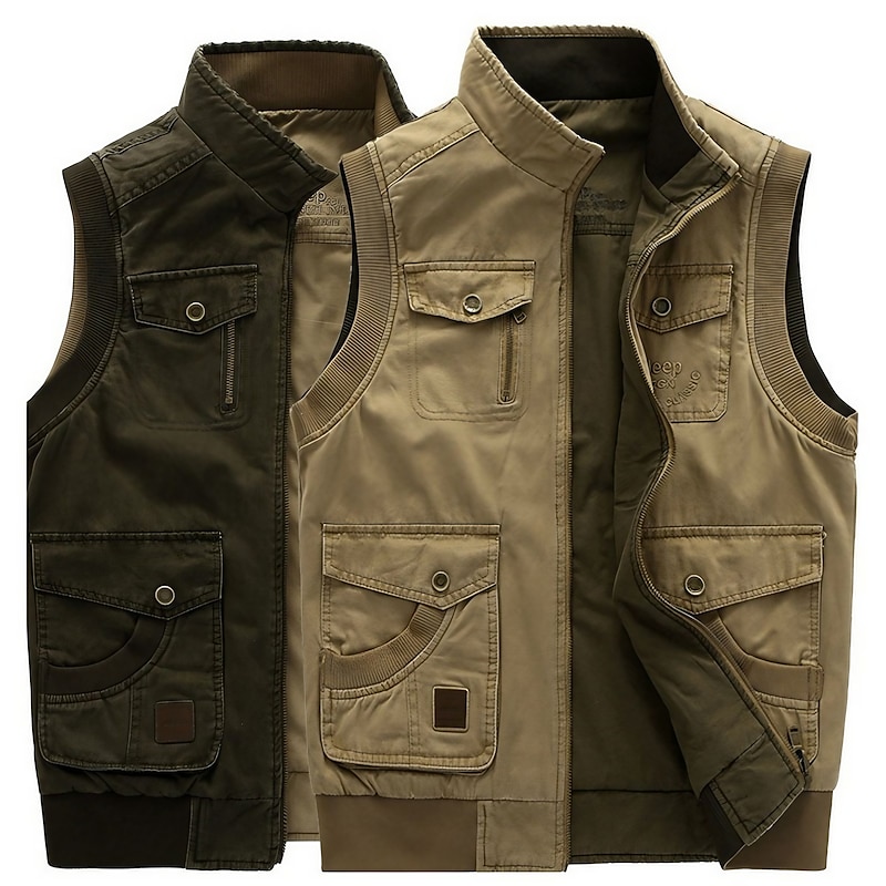 Men's Gilet Daily Wear Vacation Going out Fashion Casual Spring &  Fall Multi Pocket 95% Cotton Comfortable Plain Zipper Stand Collar Regular Fit khaki Army Green Vest