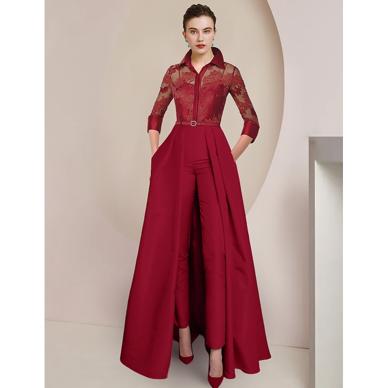 Jumpsuit Mother of the Bride  Formal Wedding Guest Elegant Party Shirt Collar Ankle Length Satin Lace 3/4 Length Sleeve with Pleats