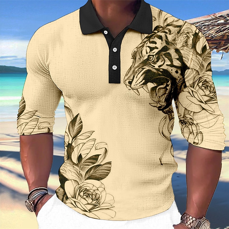 Men's Tiger Hawaiian Polo Shirts Golf Shirt Long Sleeve Polo Shirts Collared Shirts Casual Funny Beach Wear Vacation Wear Party Outfits 3D Print Buttons White Pink Blue4