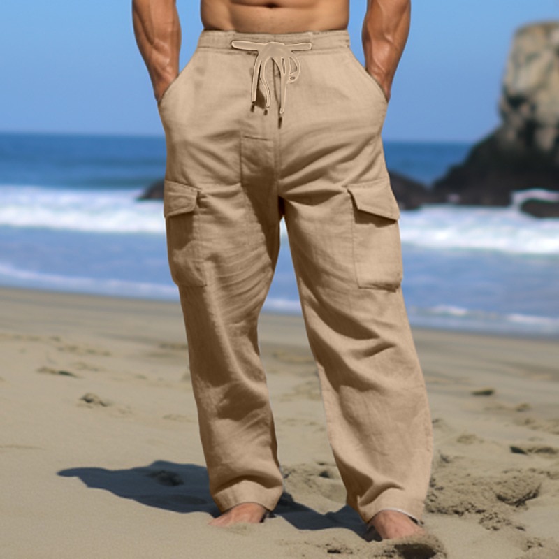 Men's Cargo Pants Trousers Summer Pants Beach Pants Drawstring Multi Pocket Straight Leg Plain Comfort Breathable Outdoor Daily Going out Fashion Casual Black White3