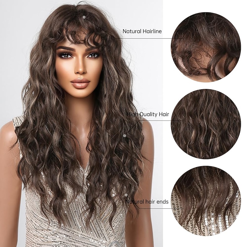 Long Brown Hightlight Curly Wigs For Black Women Brown Mixed Blonde Water Wave Wig With Bangs Natural Looking2