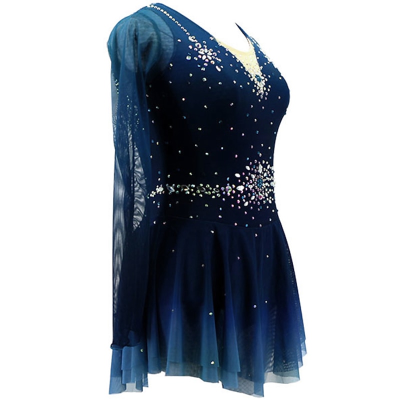 Figure Skating Dress Women's Girls' Ice Skating Dress Dark Green Asymmetric Hem Mesh Spandex High Elasticity Training Practice Competition Skating Wear Handmade Crystal / Rhinestone Long Sleeve Ice4