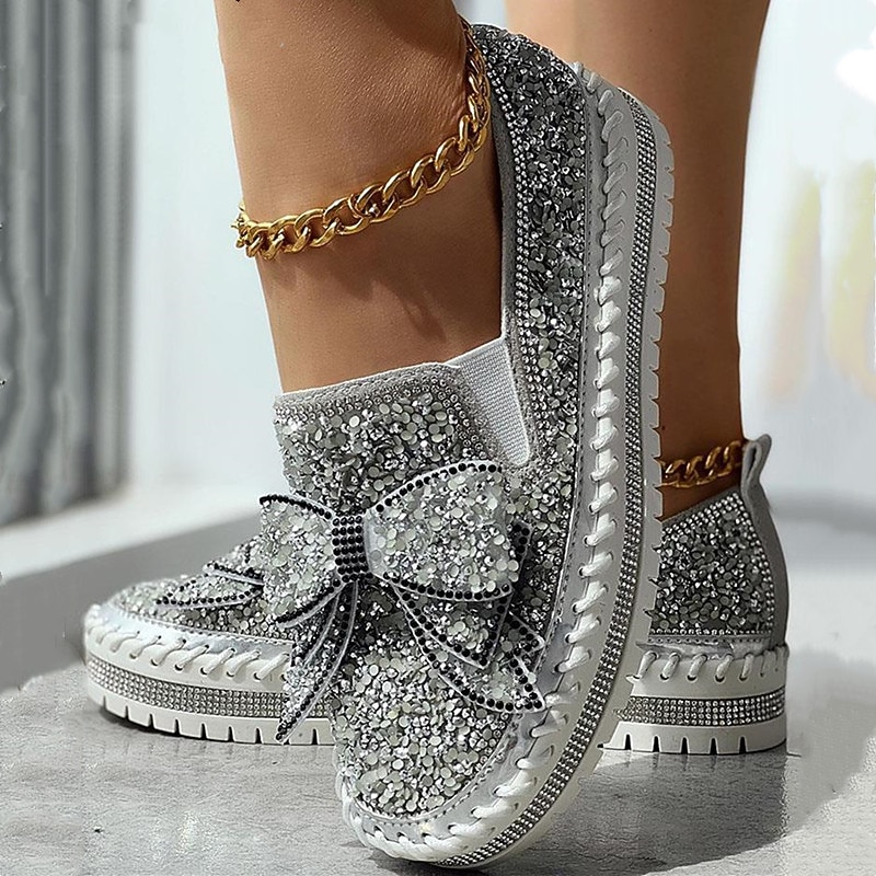 Women's Sparkly Rhinestone Slip-On Sneakers – Glitter Bow Platform Loafers for Party, Casual & Streetwear Fashion2