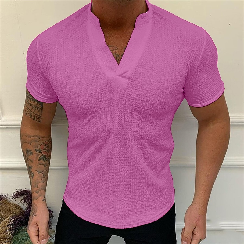 Men's Waffle Tee T Shirt Waffle Knit Tee Short Sleeve V Neck Summer Plain Sports Fashion Lightweight Vacation Casual Holiday Black White Pink Top Tee for Men4