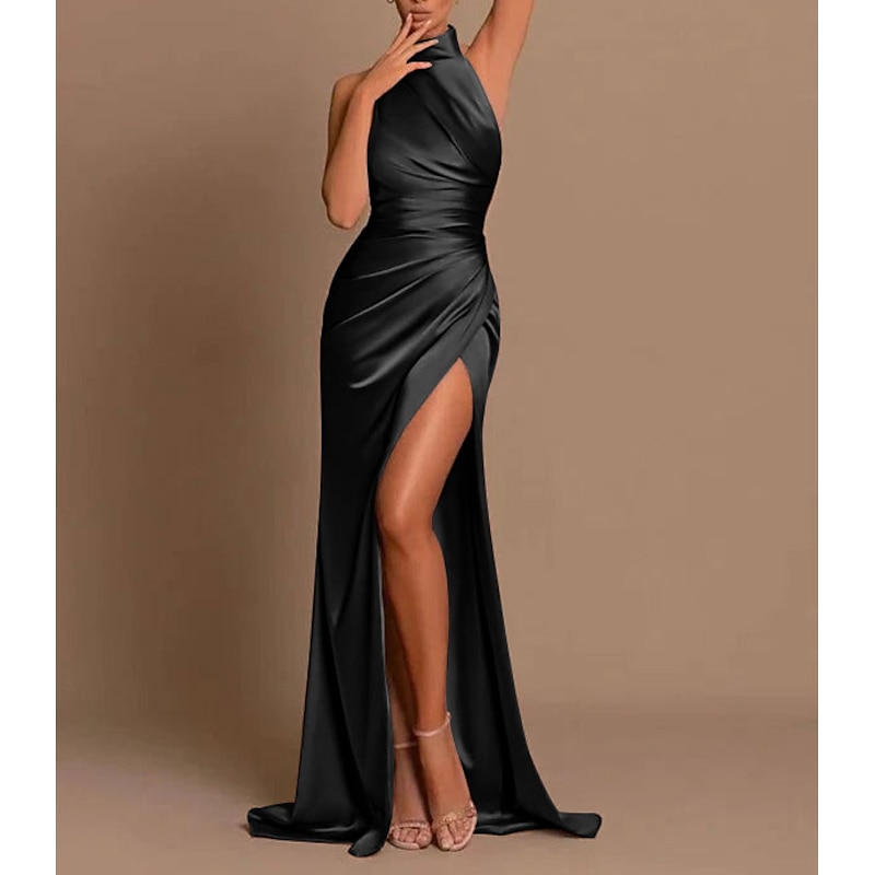 Beach Wedding Mermaid Evening Gown High Split Dress Wedding Wedding Guest Sweep / Brush Train Sleeveless Halter Neck Bridesmaid Dress Charmeuse with Pleats Masquerade Dress