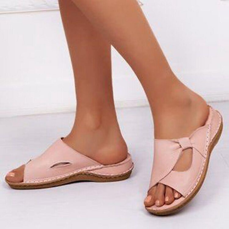Women's Casual Pink Open-Toe Slip-On Sandals with Bow Accent – Lightweight Summer Flats for Everyday Wear2