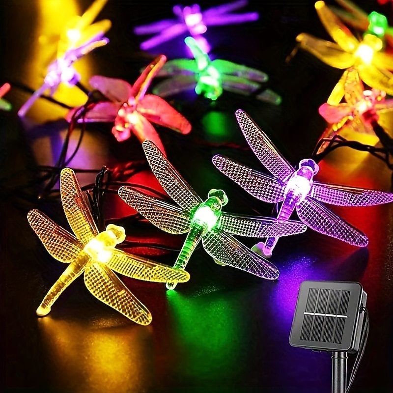 1pc Solar Dragonfly String Lights Waterproof 20 LEDs Dragonfly Fairy Lights Decorative Lighting For Indoor/Outdoor Home Garden Lawn Fence Patio Party