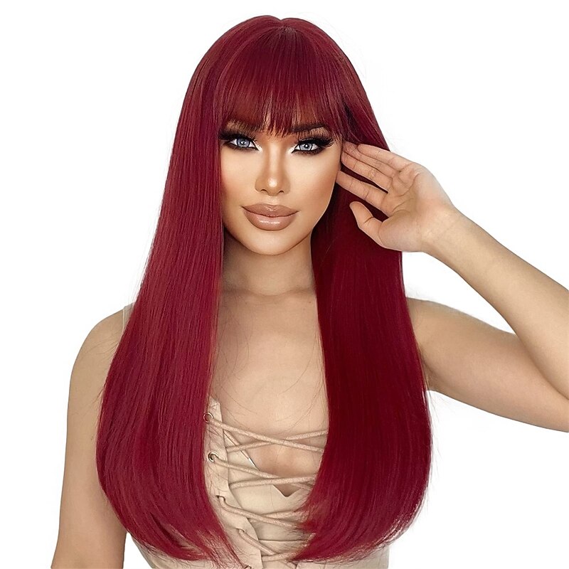 Red Wigs for Women Long Straight Wig with Bangs Synthetic Burgundy Wig Colored Cosplay Wig for Girls Daily Party Use 22 Inch Halloween Wigs