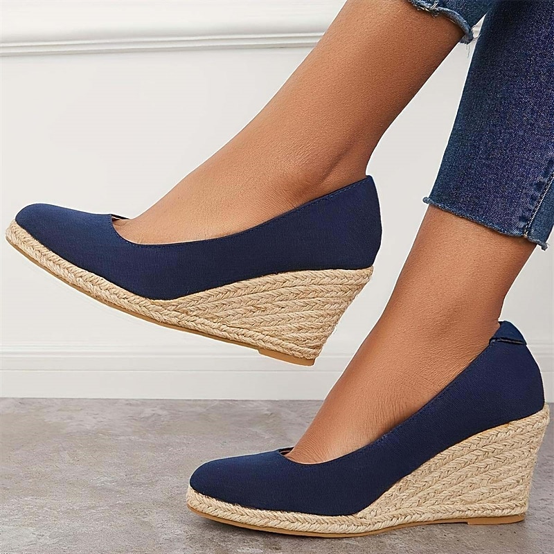 Women's Black Canvas Wedge Heels – Espadrille Platform Shoes with Braided Jute Sole for Summer Casual Outfits, Beach Vacations, and Everyday Wear3