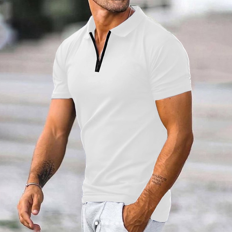 Men's Zip Polo Polo Shirt Street Casual Turndown Quarter Zip Short Sleeve Fashion Casual Plain Quarter Zip collared shirts Spring & Summer Regular Fit Black White Pink Navy Blue Zip Polo2